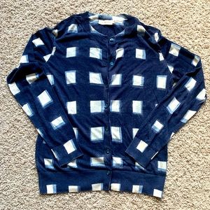 Tory Burch Navy Blue Cardigan with Cream Square Pattern